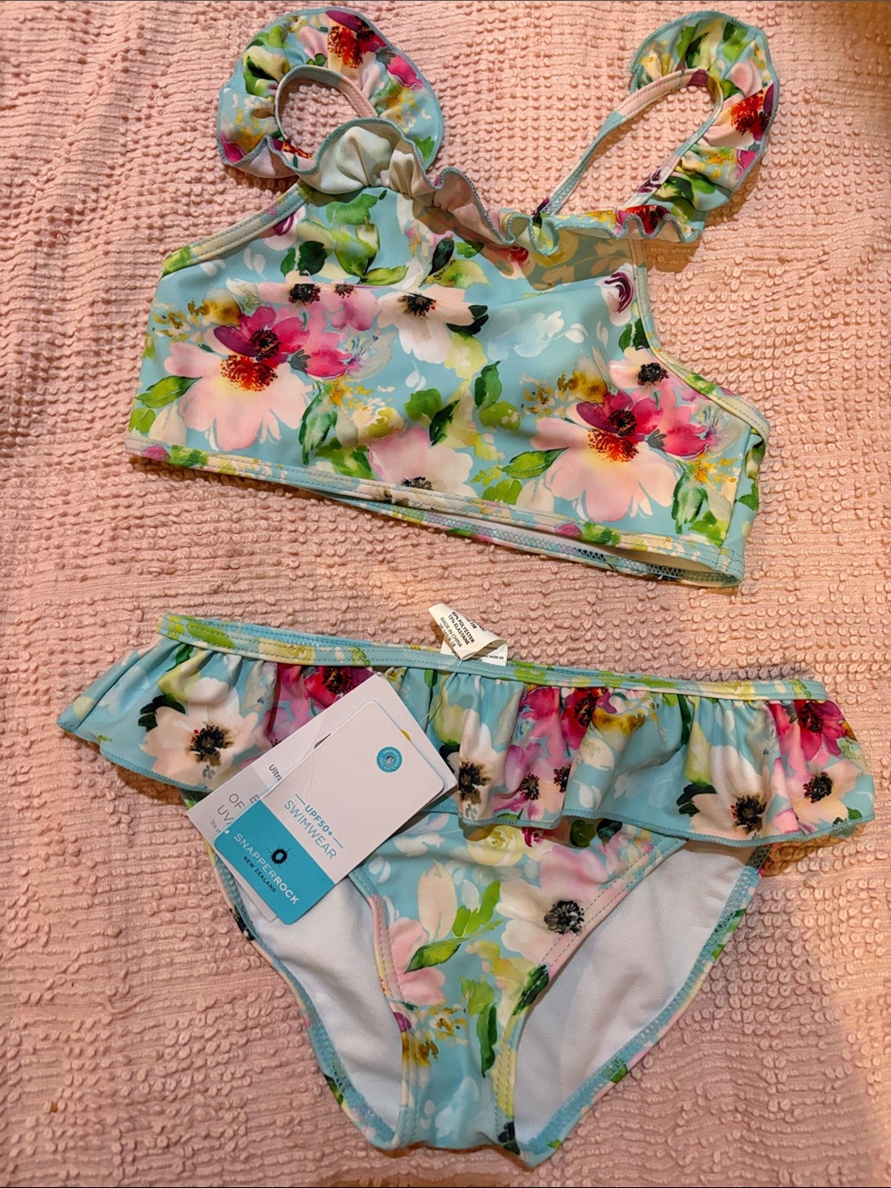 Snapper Rock Aqua Floral Ruffle Bikini - Pink & Green Accents